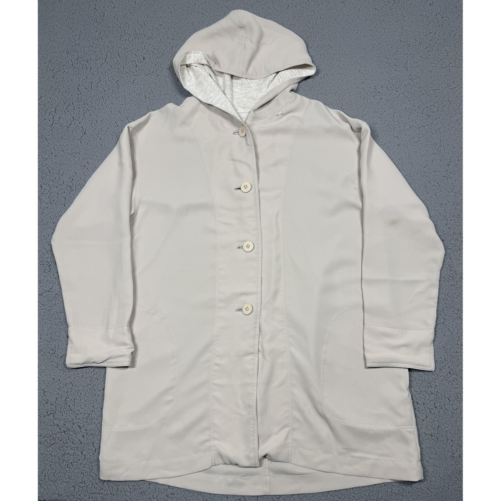 Hiroko Koshino Coat Womens 38 White Hooded Button‎ Front Lined Mid Length Casual